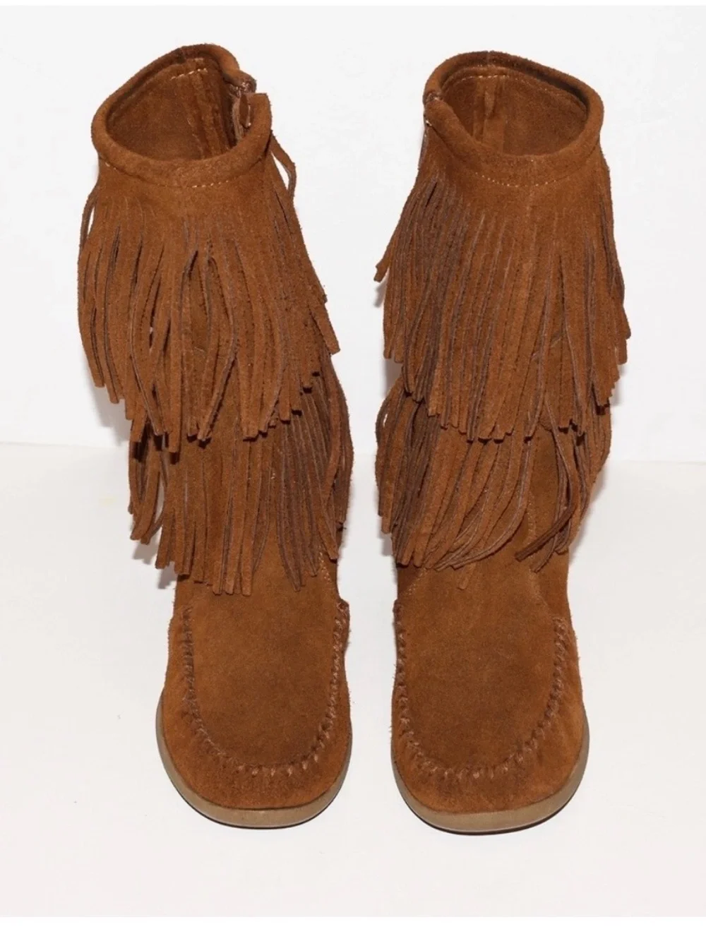 Minnetonka Fringe Suede Wedge Booties - Brown